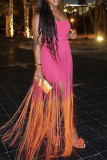 Red Orange Sexy Gradient Color Fringed Trim Patchwork Backless Strapless Long Dresses
