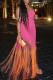 Red Orange Sexy Gradient Color Fringed Trim Patchwork Backless Strapless Long Dresses