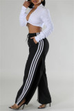 Black Casual Stripe Patchwork Slit Regular High Waist Conventional Patchwork Trousers