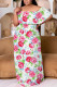 White Casual Print Patchwork Off Shoulder Long Plus Size Dresses