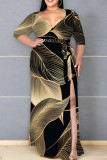 Black Gold Casual Print Patchwork High Slit Strap Design V Neck Long Plus Size Dresses