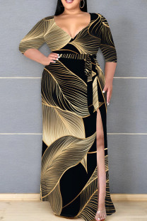 Black Gold Casual Print Patchwork High Slit Strap Design V Neck Long Plus Size Dresses