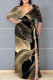 Black Gold Casual Print Patchwork High Slit Strap Design V Neck Long Plus Size Dresses