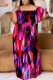 Red Black Casual Print Patchwork Off Shoulder Long Plus Size Dresses