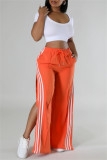 Black Casual Stripe Patchwork Slit Regular High Waist Conventional Patchwork Trousers
