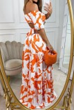 Blue Casual Print Hollow Out Backless Off Shoulder Long Dresses