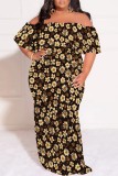 White Casual Print Patchwork Off Shoulder Long Plus Size Dresses