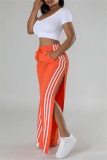 Black Casual Stripe Patchwork Slit Regular High Waist Conventional Patchwork Trousers