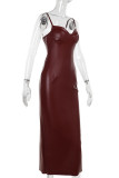 Brown Sexy Solid Color Patchwork Backless Slit Spaghetti Strap Sling Dresses