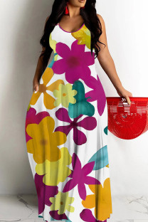 Yellow Purple Sexy Casual Floral Print Backless Spaghetti Strap Long Dresses
