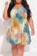 Multicolor Geometric Print Gradient Splashed ink printing Ruffle Contrast V Neck Printed Plus Size Dresses