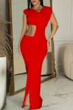 Red Sexy Elegant Solid Color Hollow Out Slit Oblique Collar Long Dresses
