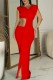 Red Sexy Elegant Solid Color Hollow Out Slit Oblique Collar Long Dresses