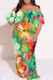 White Casual Print Patchwork Off Shoulder Long Plus Size Dresses