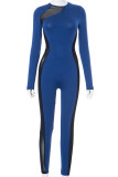 Blue Casual Patchwork See-Through Zipper Contrast O Neck Skinny Jumpsuits