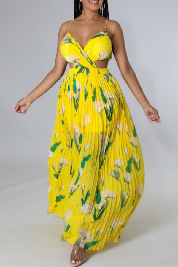Yellow Sexy Casual Print Backless Ruched Belted Spaghetti Strap Long Dresses