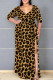 Brown Casual Print Patchwork High Slit Strap Design V Neck Long Plus Size Dresses