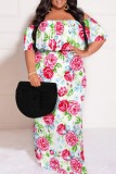 White Casual Print Patchwork Off Shoulder Long Plus Size Dresses