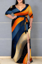 Tibetan Blue Casual Print Patchwork High Slit Strap Design V Neck Long Plus Size Dresses