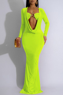 Fluorescent Green Elegant Solid Color Hollow Out Patchwork Ruched Deep V Neck Long Dresses