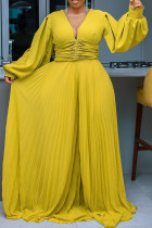 Earth Yellow Elegant Solid Color Patchwork Beading Ruched Deep V Neck Loose Jumpsuits