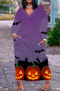 Orange Purple Casual Print Basic V Neck Long Plus Size Dresses