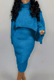 Pink Elegant Solid Color Patchwork Turtleneck Long Sleeve Two Pieces