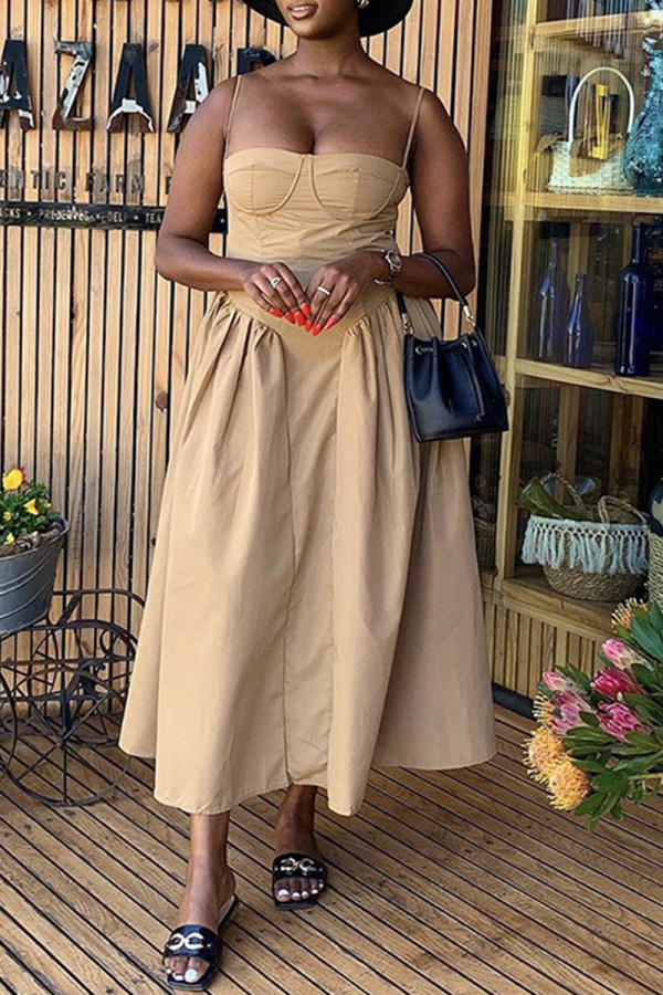 Khaki Sexy Solid Color Patchwork Backless Spaghetti Strap Sling Dresses