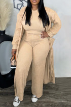 Khaki Casual Solid Color Patchwork O Neck Long Sleeve Three Pieces