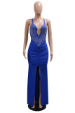 Red Sexy Formal Solid Color Backless Slit Hot Drill Spaghetti Strap Long Dresses