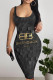 Black Gold Sexy Letters Patchwork U Neck Wrapped Skirt Dresses
