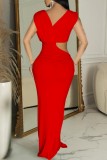 Red Sexy Elegant Solid Color Hollow Out Slit Oblique Collar Long Dresses