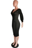 Black Casual Solid Color Basic V Neck One Step Skirt Dresses