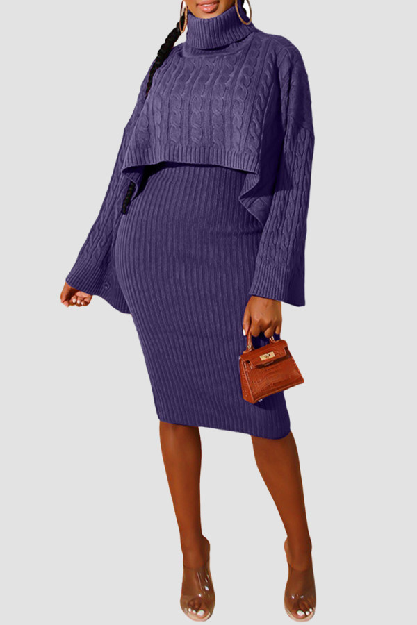 Purple Elegant Solid Patchwork Turtleneck Long Sleeve Two Pieces