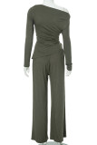 Apricot Casual Solid Color Pocket Patchwork Ruched Oblique Collar Long Sleeve Two Pieces