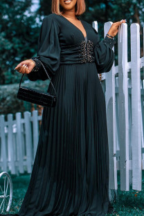 Black Elegant Solid Color Patchwork Beading Ruched Deep V Neck Loose Jumpsuits