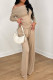 Apricot Casual Solid Color Pocket Patchwork Ruched Oblique Collar Long Sleeve Two Pieces