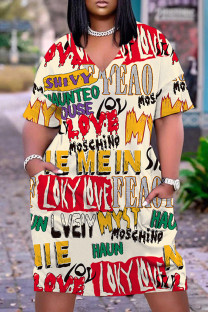 Yellow Casual Letter Print Basic V Neck Short Sleeve Plus Size Dresses