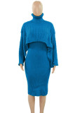 Pink Elegant Solid Color Patchwork Turtleneck Long Sleeve Two Pieces