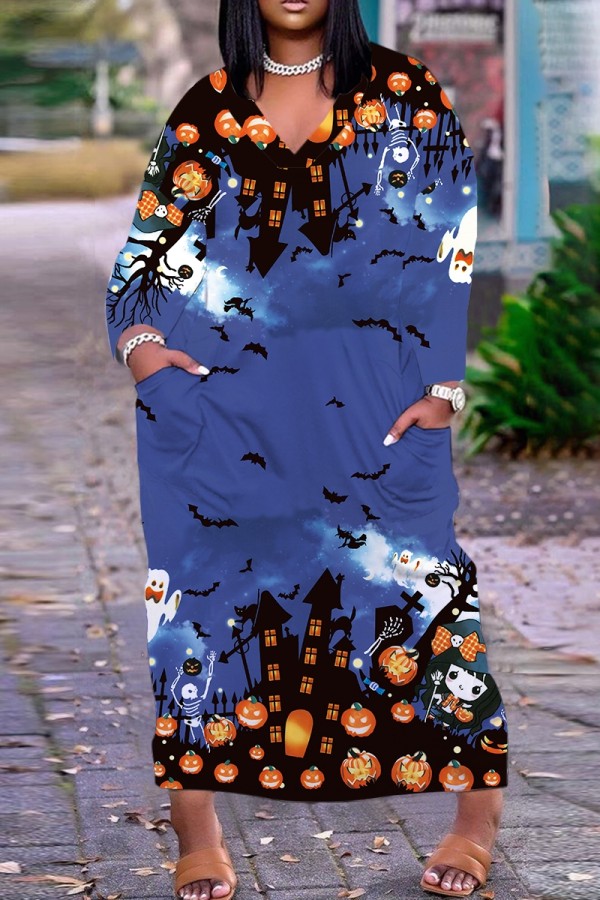 Blue Casual Print Basic V Neck Long Plus Size Dresses