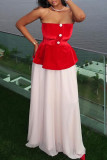 Red White Sexy Buttons Patchwork Backless Strapless Long Dresses