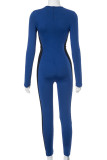 Blue Casual Patchwork See-Through Zipper Contrast O Neck Skinny Jumpsuits