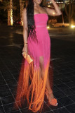 Red Orange Sexy Gradient Color Fringed Trim Patchwork Backless Strapless Long Dresses