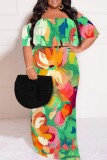 White Casual Print Patchwork Off Shoulder Long Plus Size Dresses