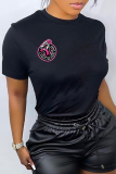 Black Casual Street Graffiti Print O Neck T-Shirts