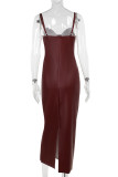 Brown Sexy Solid Color Patchwork Backless Slit Spaghetti Strap Sling Dresses