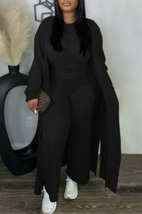 Black Casual Solid Color Patchwork O Neck Long Sleeve Three Pieces