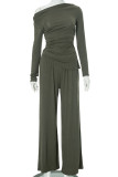 Apricot Casual Solid Color Pocket Patchwork Ruched Oblique Collar Long Sleeve Two Pieces