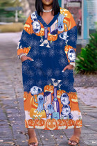 Blue Orange Casual Print Basic V Neck Long Plus Size Dresses