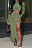 Green Elegant Solid Color Patchwork High Slit Turtleneck Long Sleeve Two Pieces